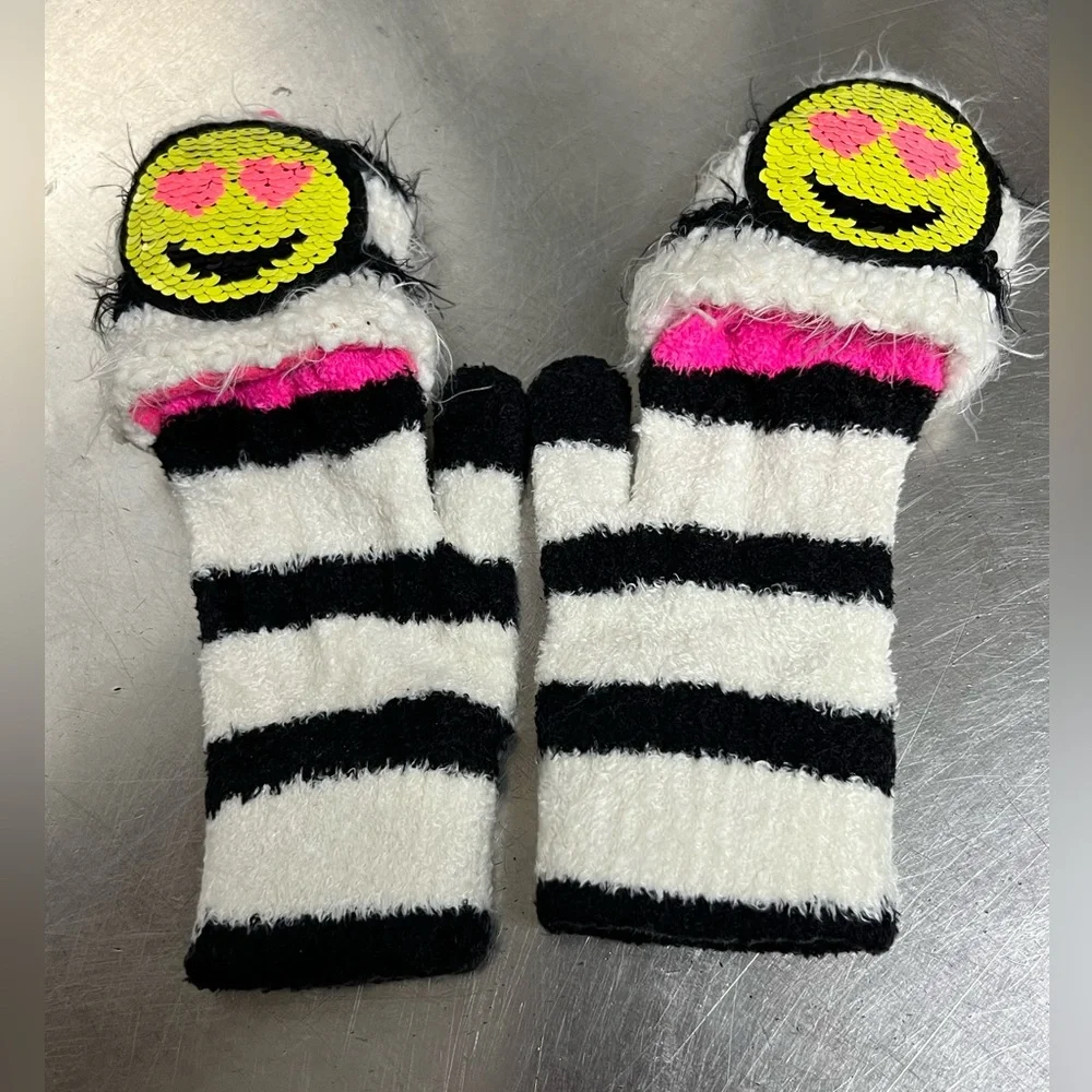 Lot of 2 Justice Orange Scarf & Black White Striped Emoji Mittens One Size VGUC